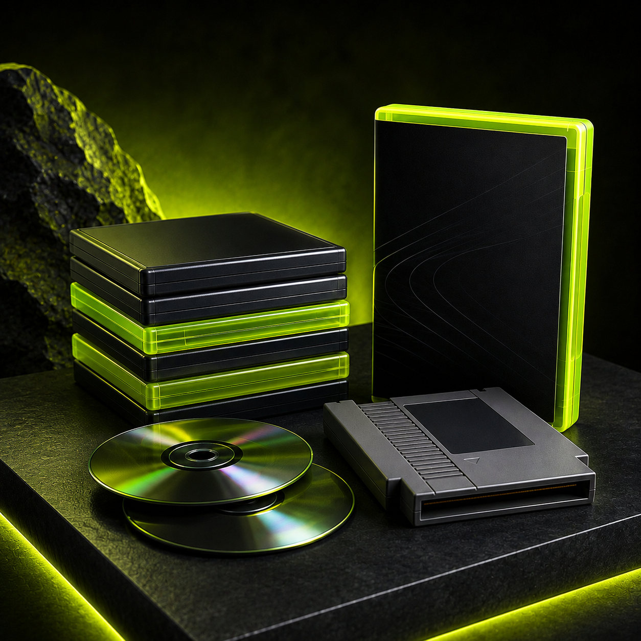 Videospiele, Discs und Spielmodule in einer dunklen Studio-Szene